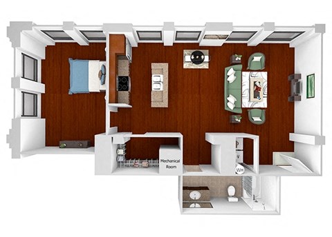 Floor plan for 1 bed, 1 bath, 964 sqft